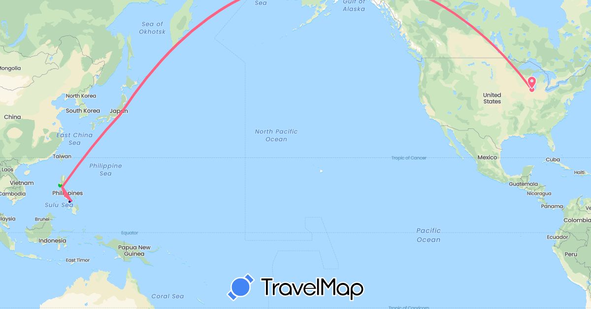 TravelMap itinerary: driving, bus, plane, train, hiking, boat, atv, walking, flight in Japan, Philippines, United States (Asia, North America)
